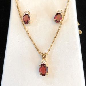 NEW Genuine Garnet 14K gold plated pendant and pierced earrings set.